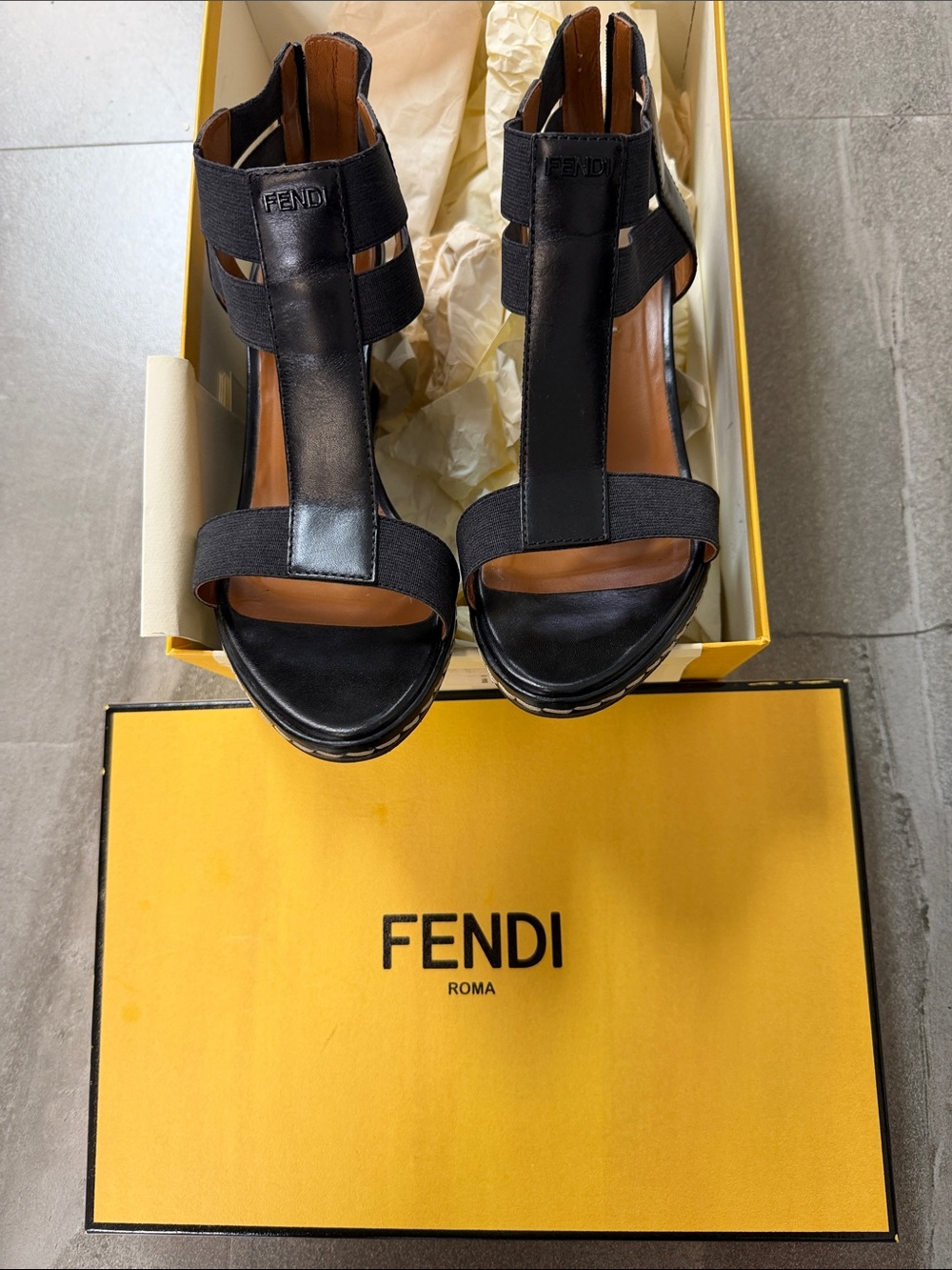 Fendi Black Elastic Strap Wedge Sandal with T-Strap